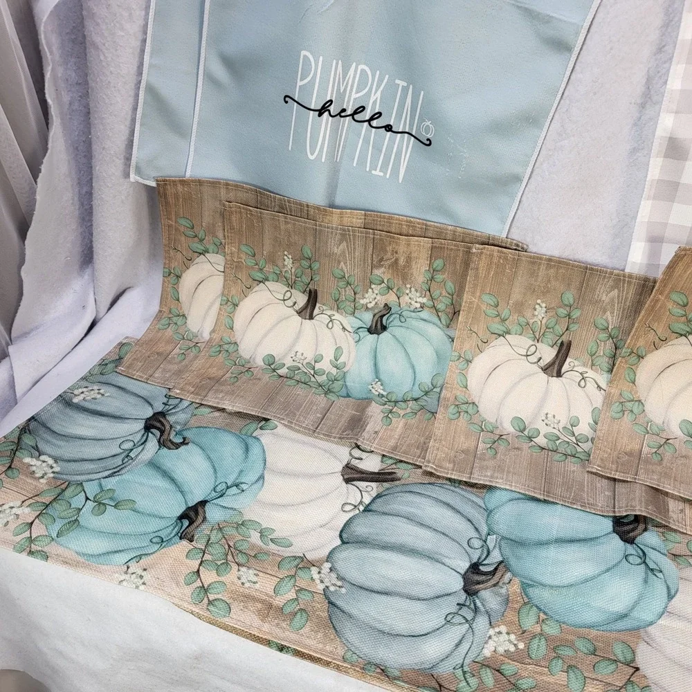 Pumpkin Kitchen Placemats Towel Set Table Runner Blue White Farmhouse Fall Decor